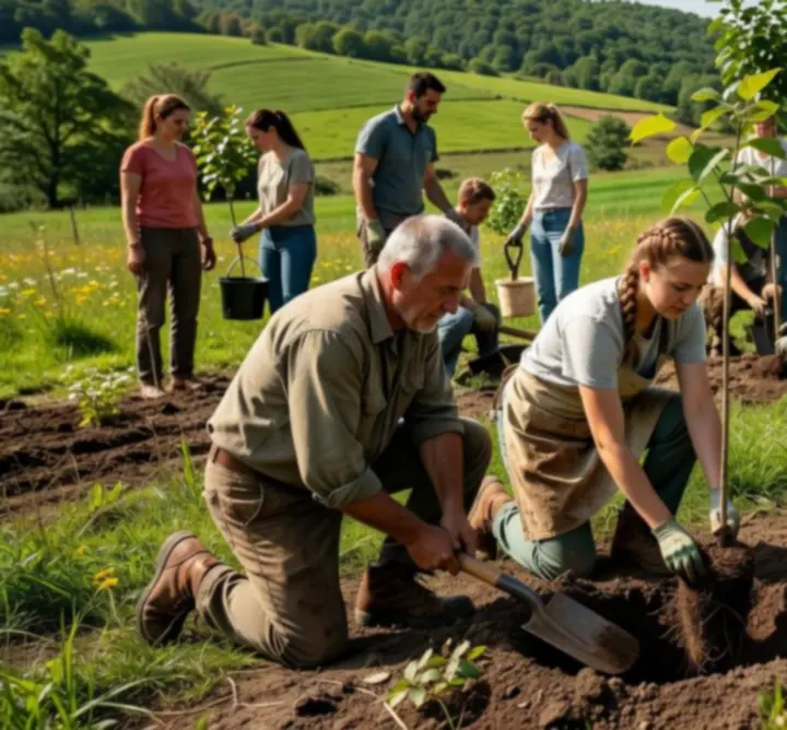 Önkéntesek csoportja faültetés közben egy magyarországi közösségi eseményen