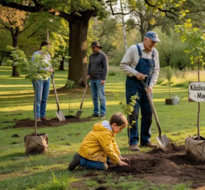 Csoportos faültetési eseményen mosolygó résztvevők ültetnek palántákat