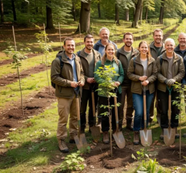 Önkéntesek és támogatók mosolyogva állnak egy beültetett területen