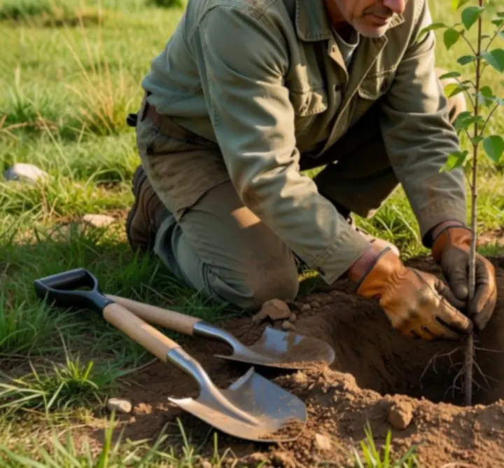 Lépésről lépésre bemutatott faültetési folyamat illusztrációja