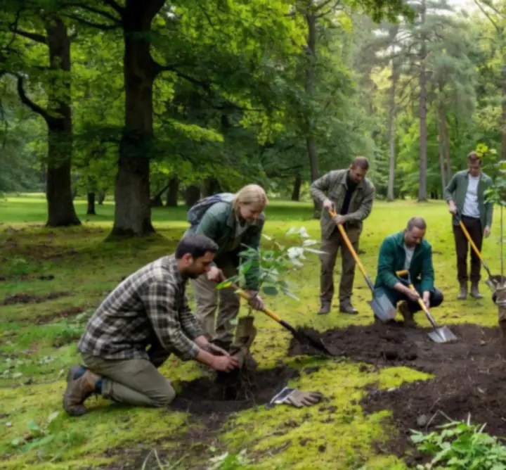 Önkéntesek fát ültetnek egy magyarországi erdőben