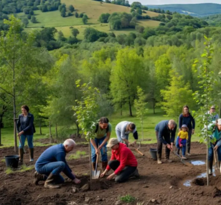Önkéntesek közösen fákat ültetnek egy erdőszélen