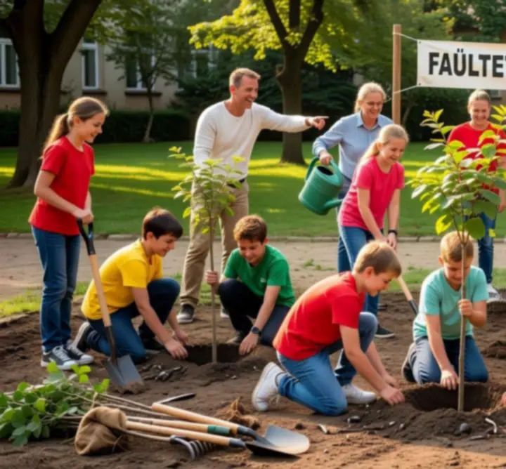 Diákok és tanárok közös iskolai faültetési eseményen