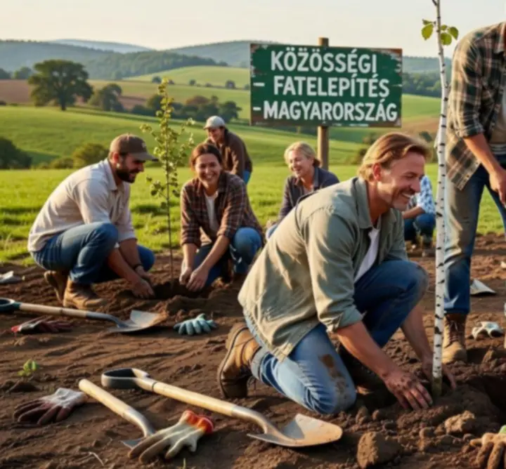 Önkéntesek faültetés közben, mosolygó résztvevők ásókkal és fiatal csemetékkel