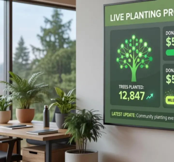 Digitális kijelző faültetési statisztikákkal és eredményekkel