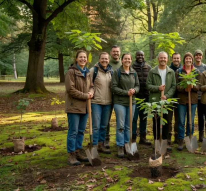 Mosolygó önkéntesek csoportképe egy erdős területen faültetés után
